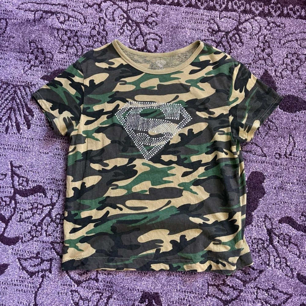 DC Comics Camouflage Short Sleeve Tee with Rhinestone Emblem